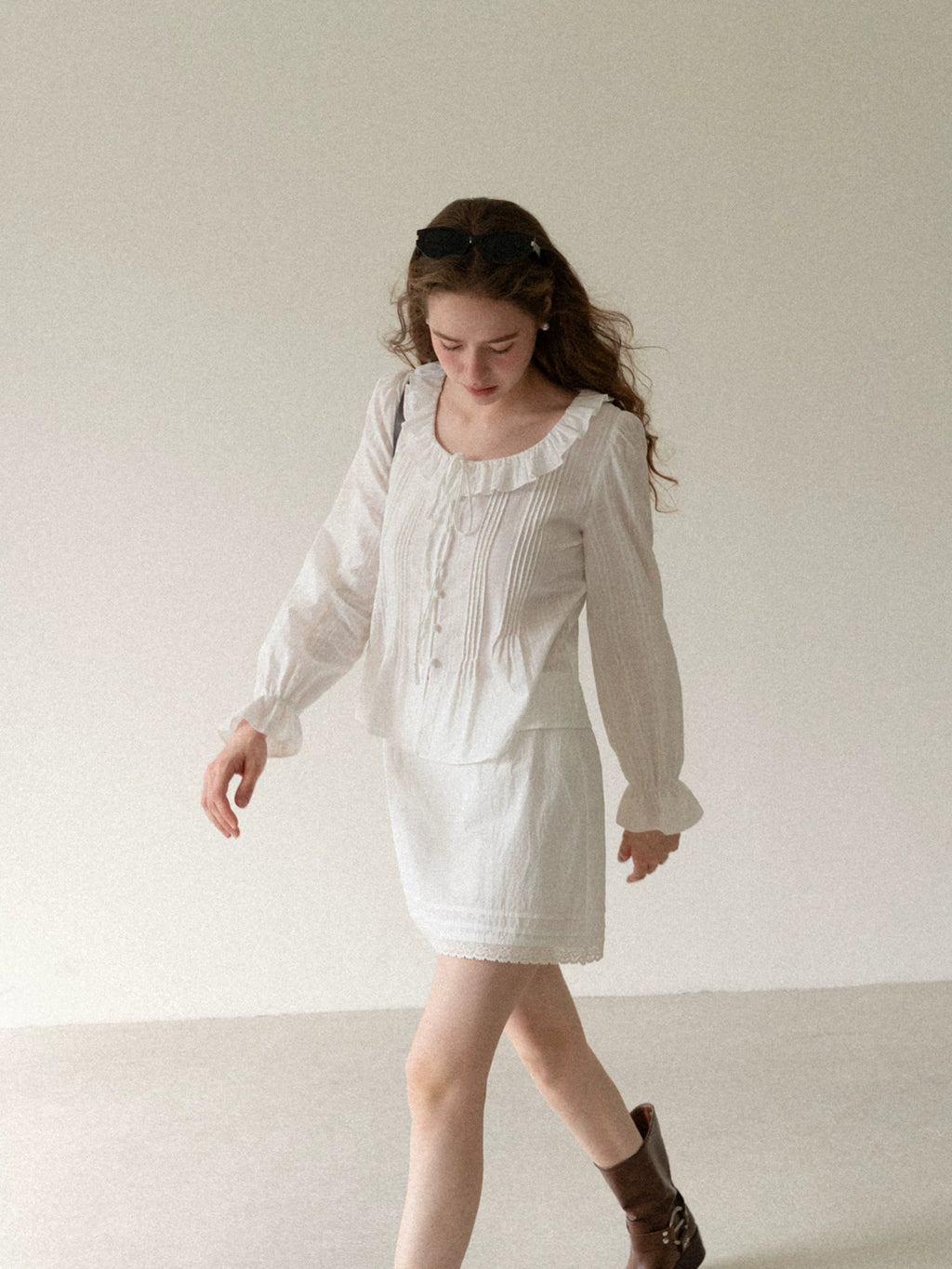 EGGKA lace trim A-line high-waist mini skirt white large