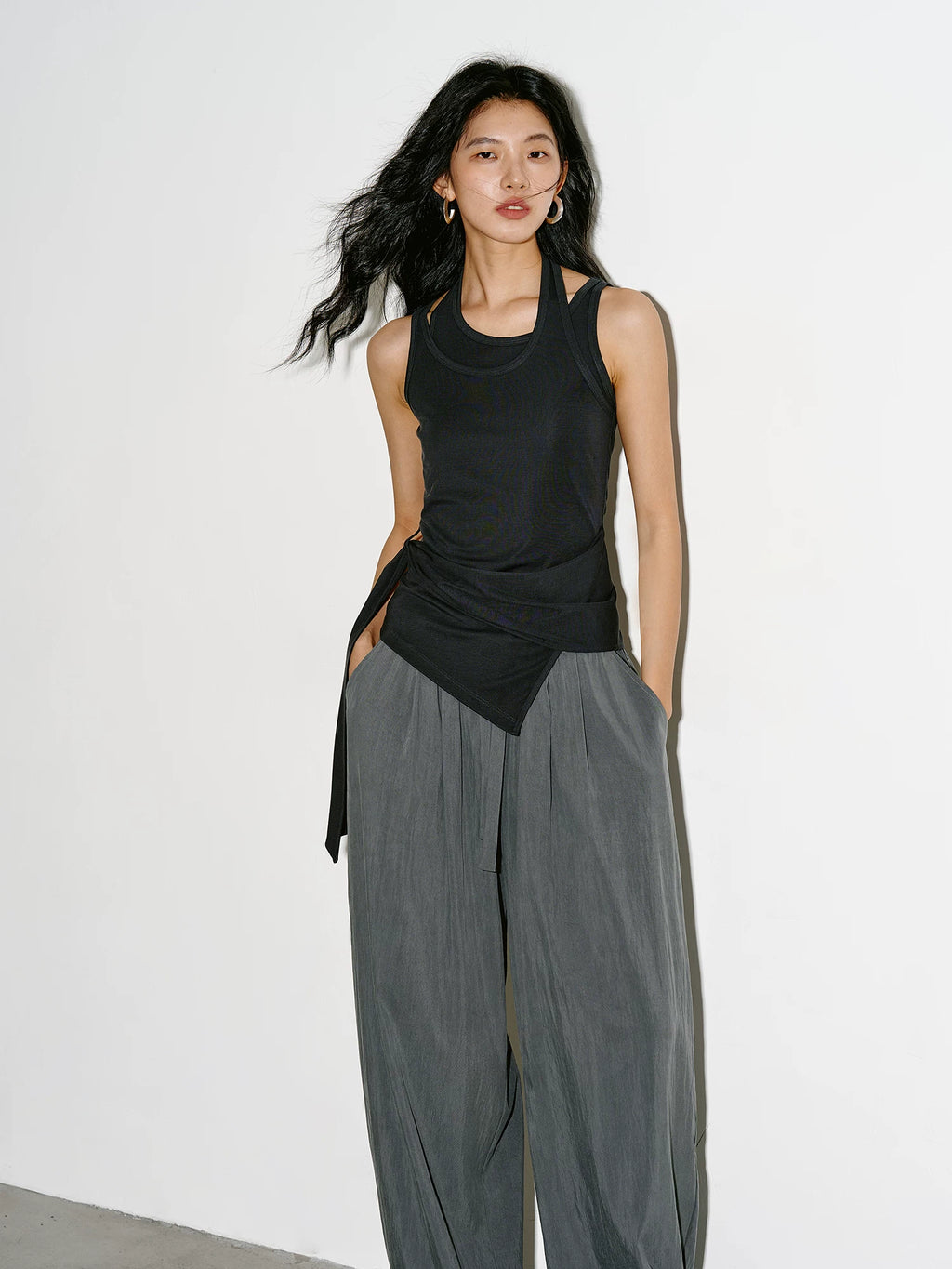 High-Stretch Faux Two-Piece Halter Top