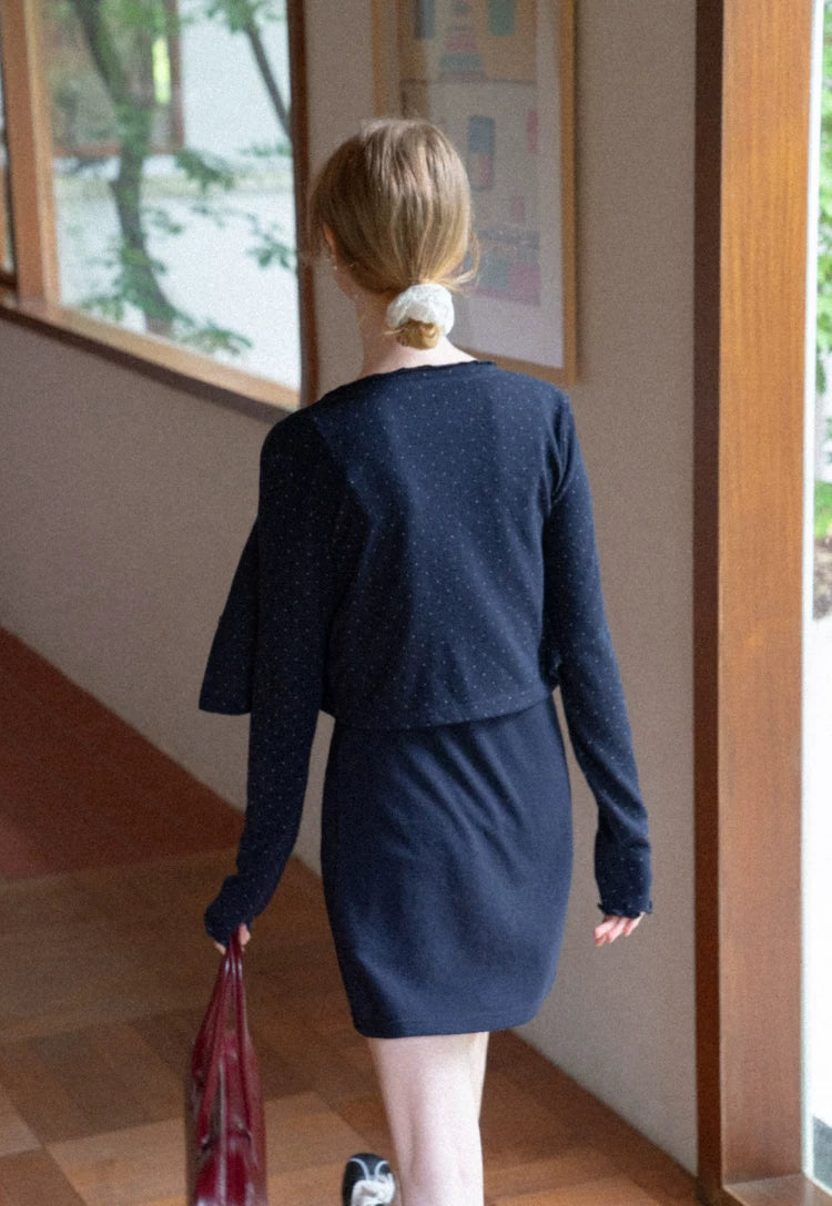 Navy Polka Dot Cardigan A-Line Dress Two-Piece Set