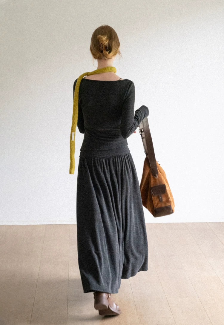 High-Waist Long Skirt Dark Grey