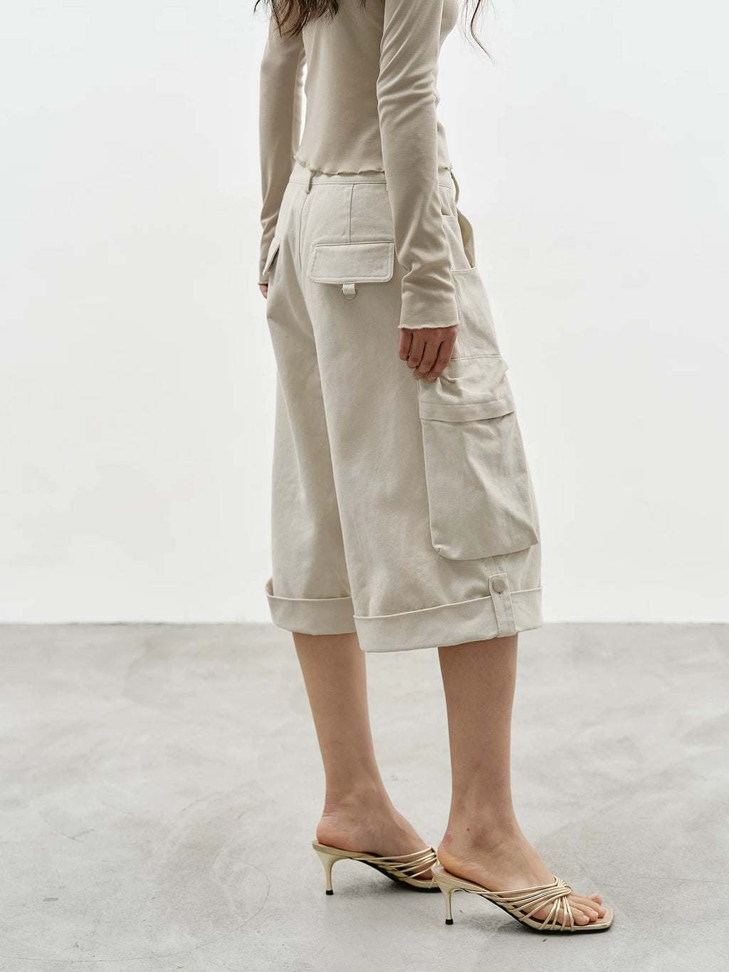 Beige Wide-Leg Cargo Shorts