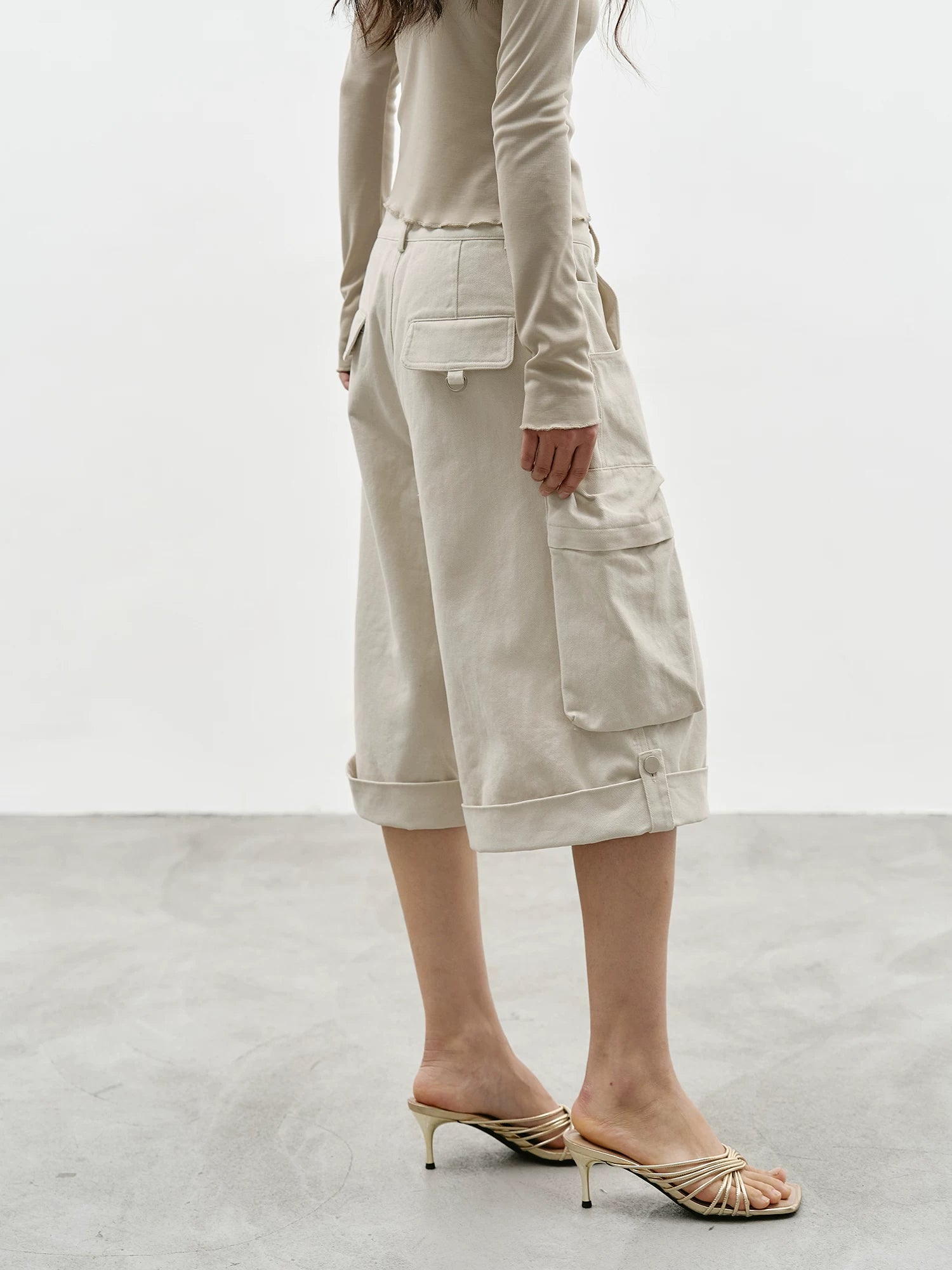 Beige Wide-Leg Cargo Shorts