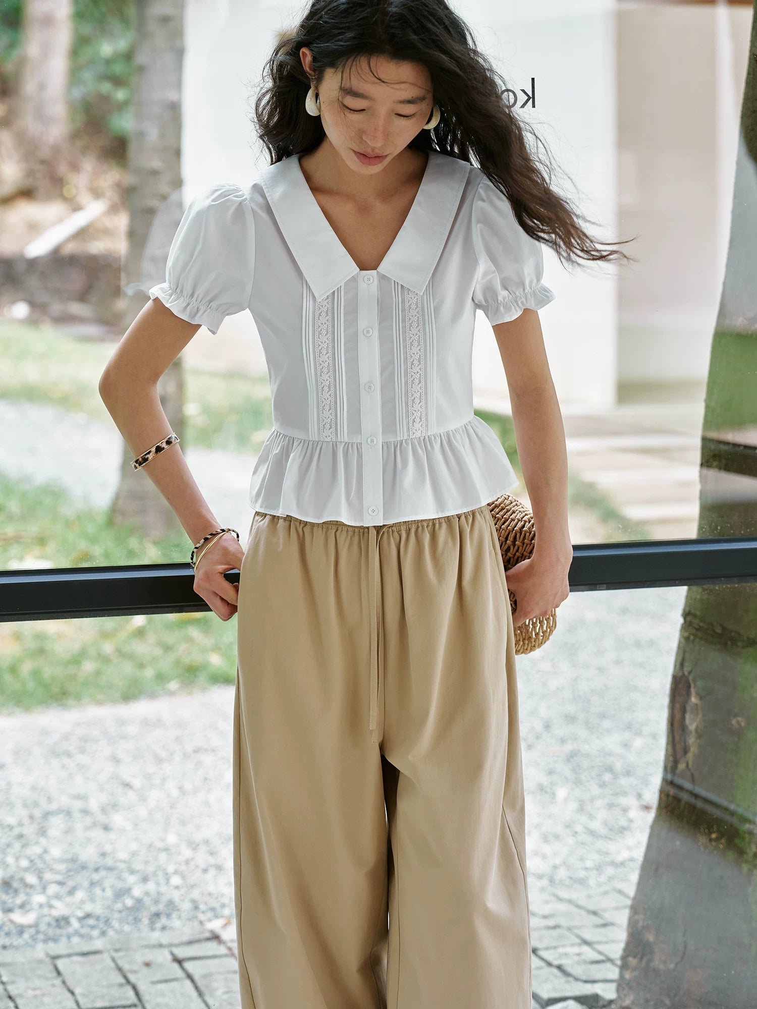 French Polo-Collar Puff-Sleeve Shirt