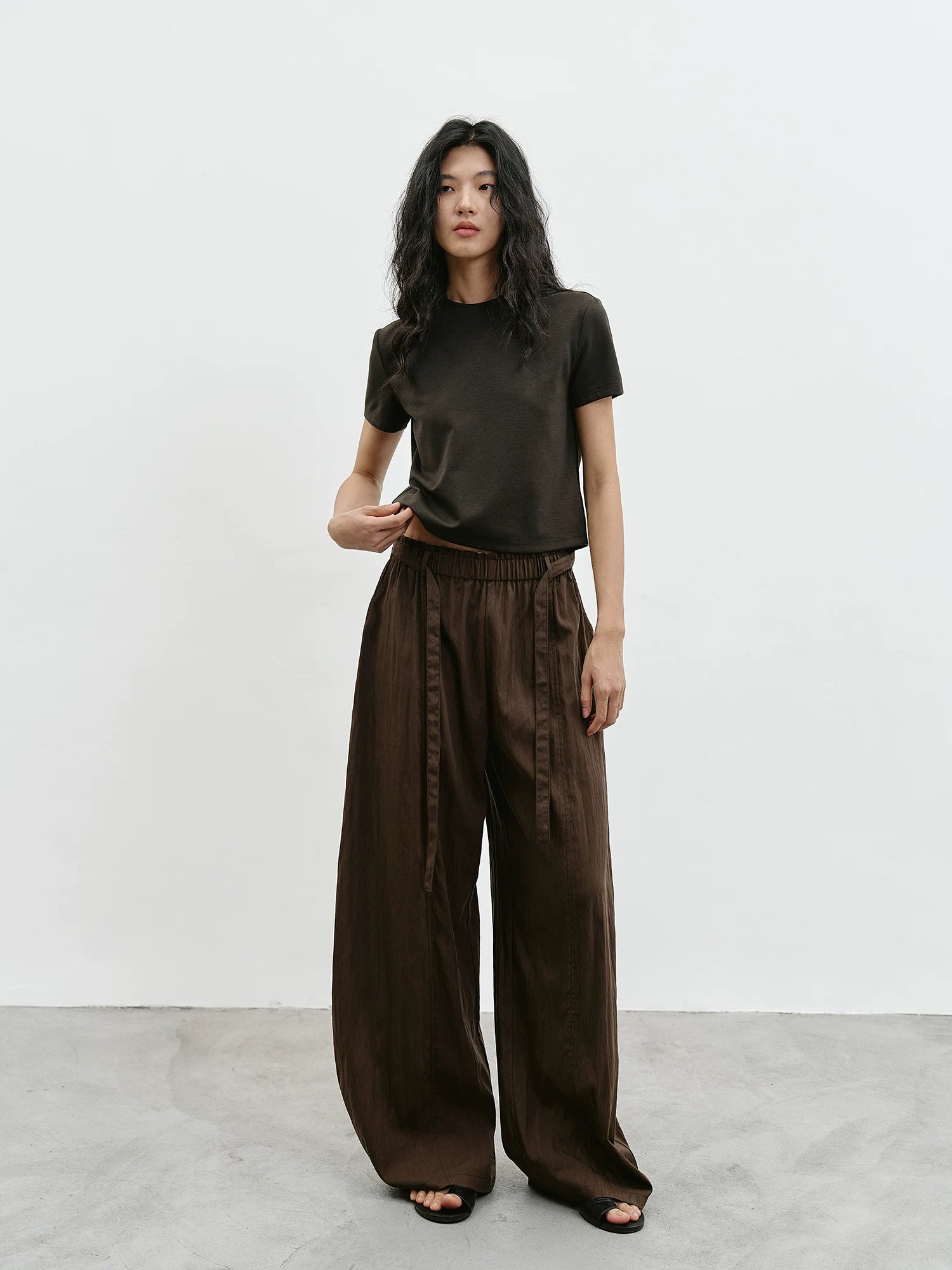 Mocha Brown Drapey Elastic Waist Wide-Leg Pants