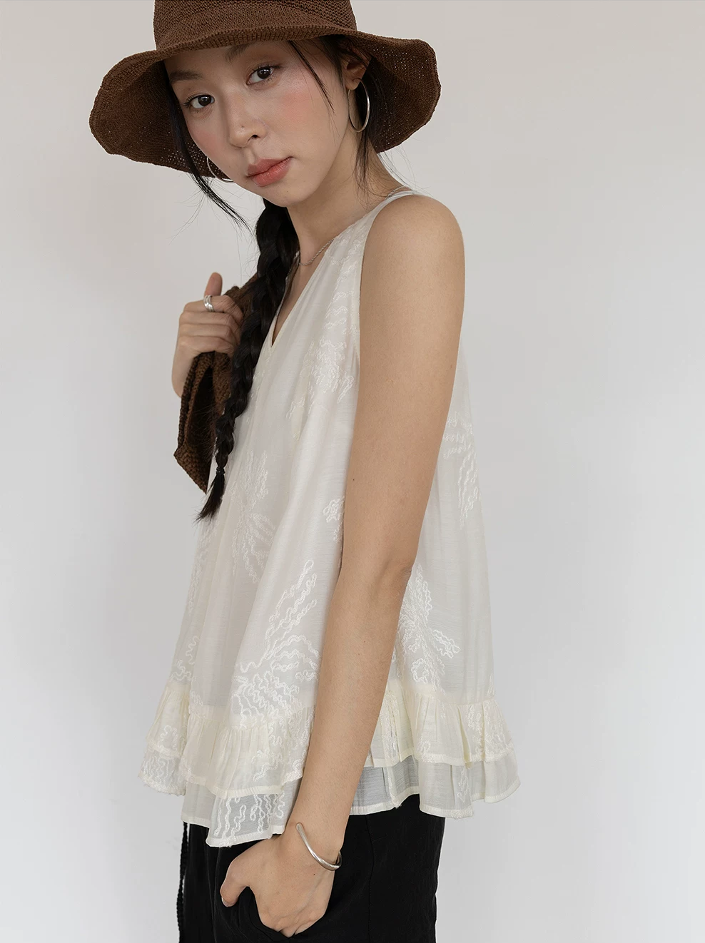 Jacquard V-Neck Peplum Top