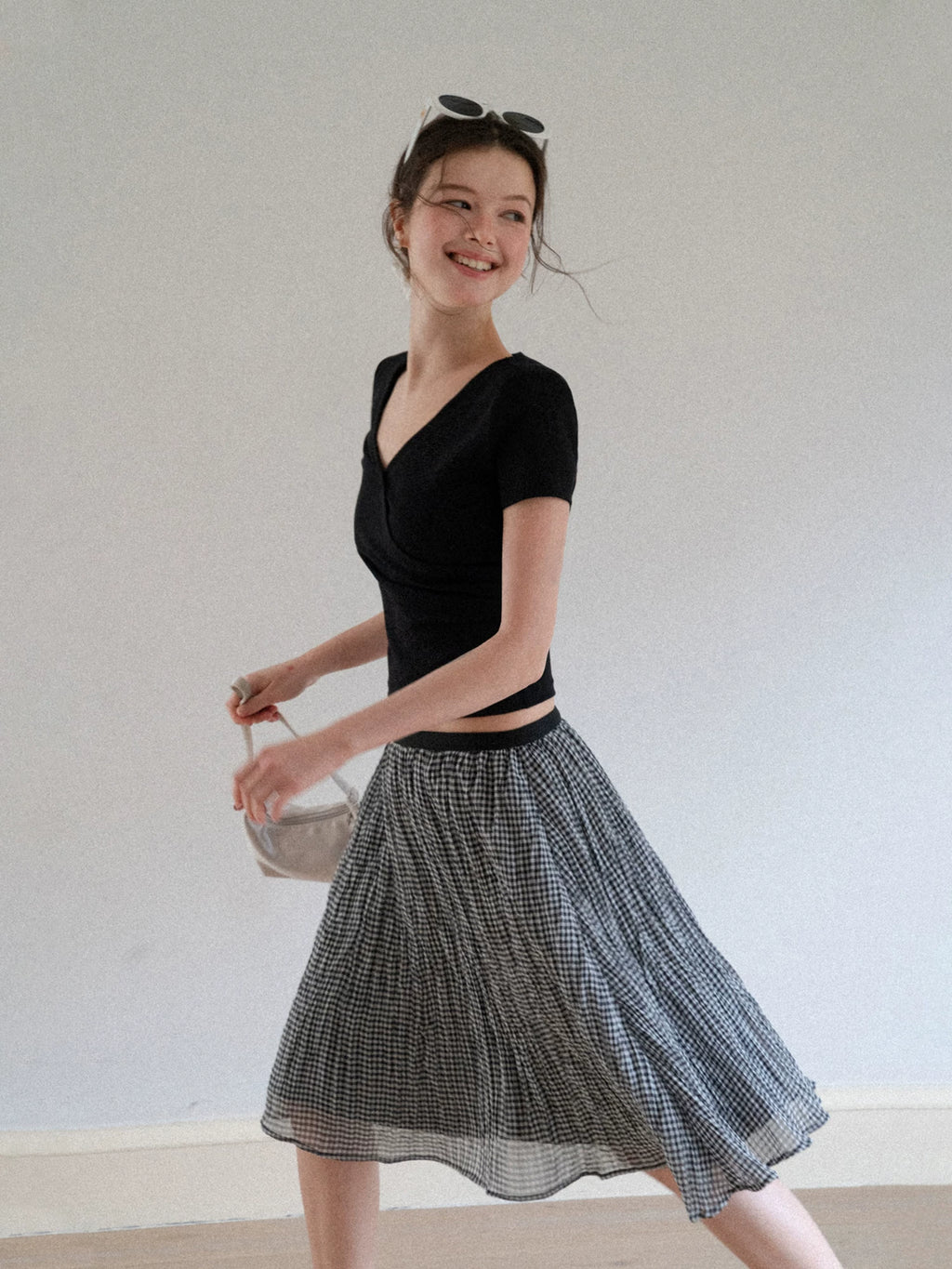 EGGKA black white plaid pleated A-line umbrella skirt large