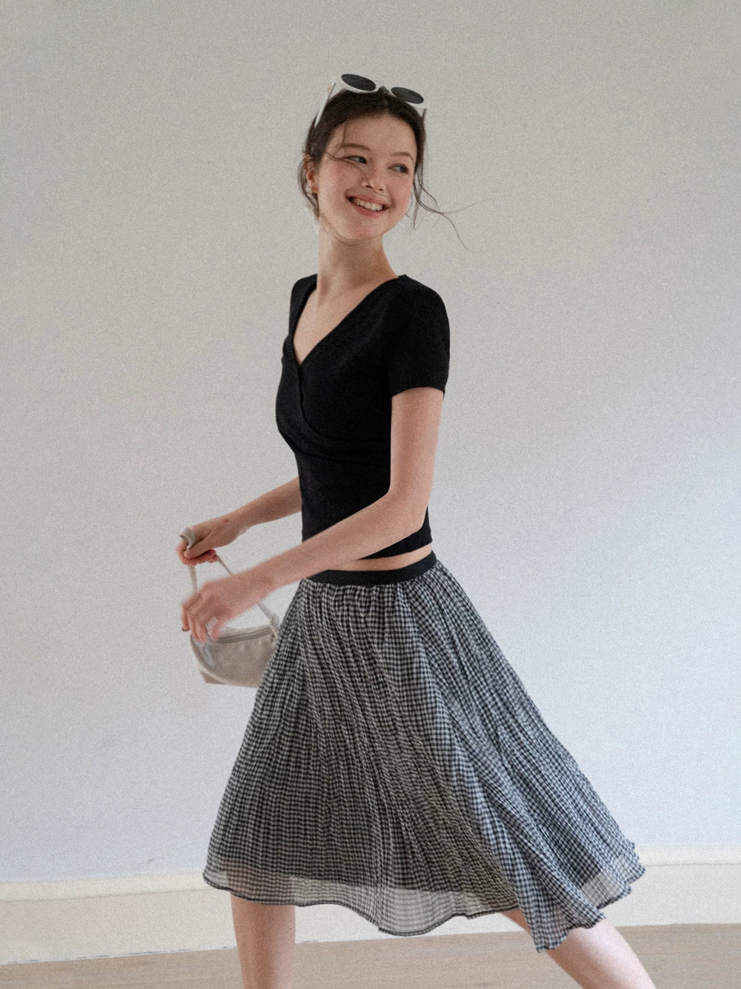 EGGKA black white plaid pleated A-line umbrella skirt large