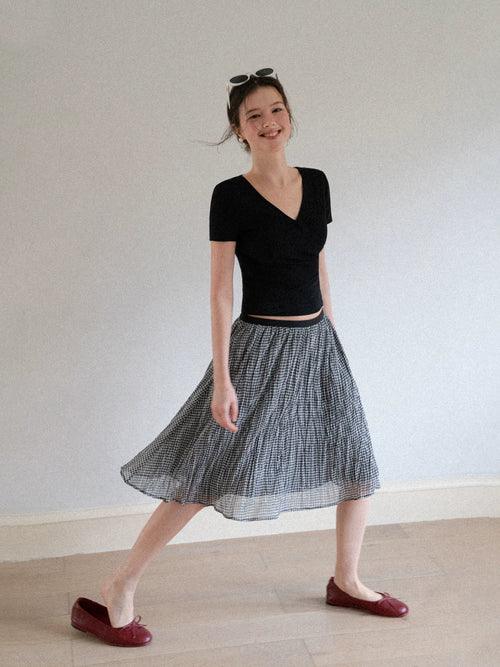 EGGKA black white plaid pleated A-line umbrella skirt medium