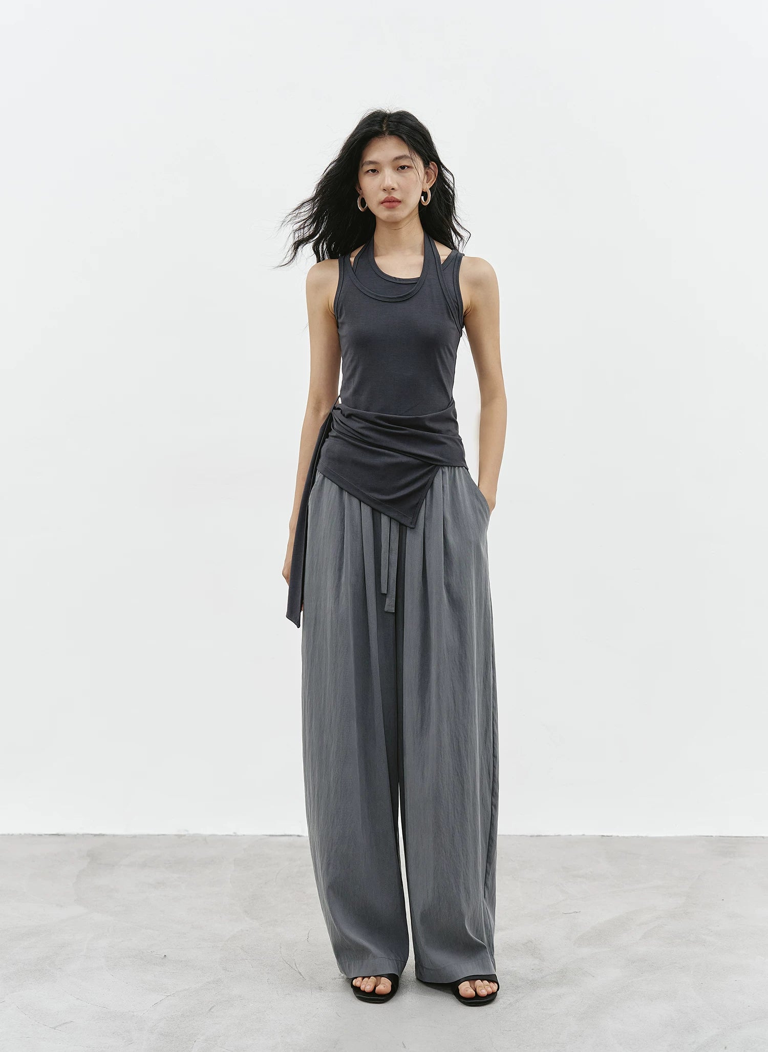 Mist Grey Cotton Blend Wide-Leg Pants