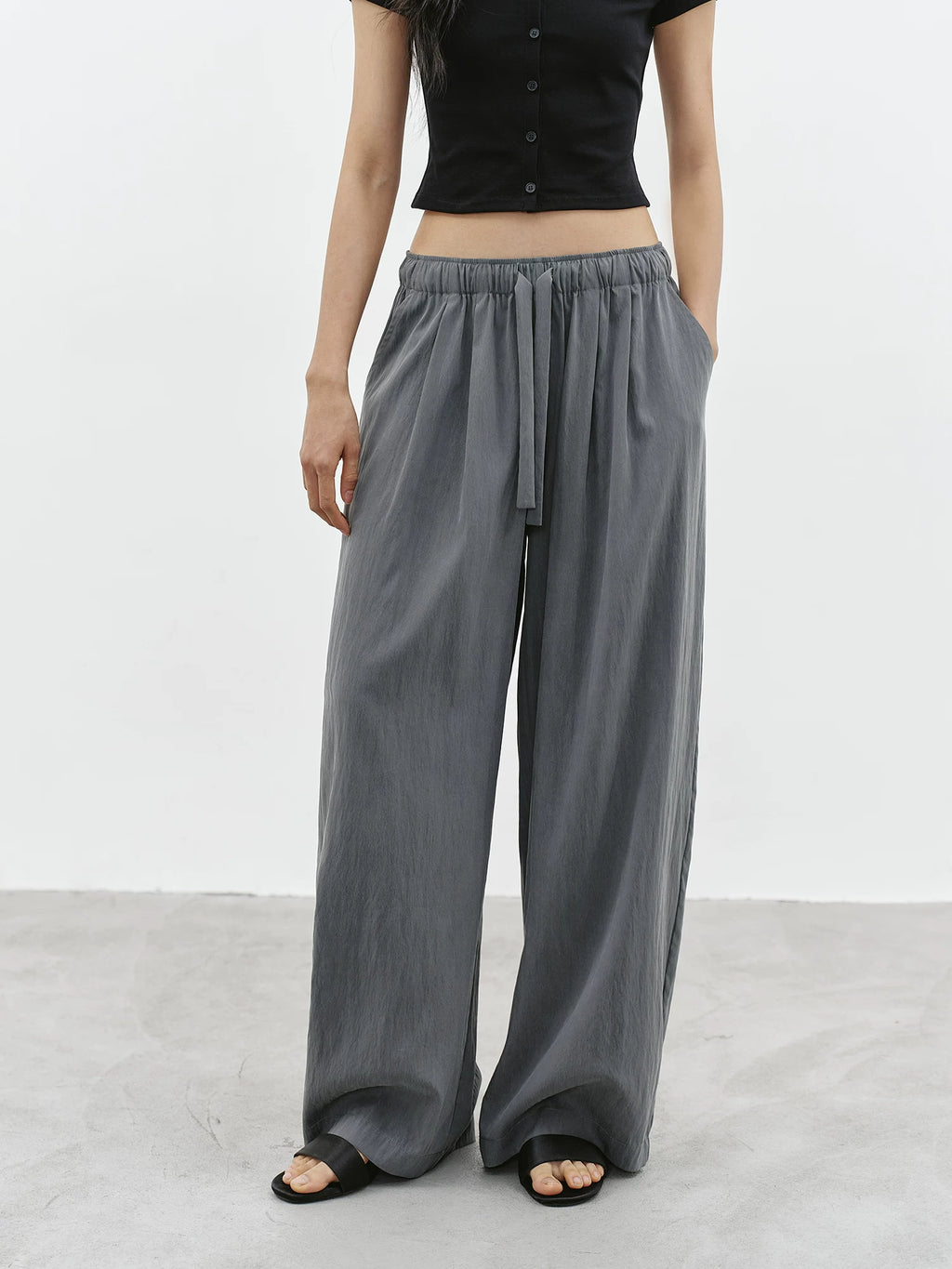 Mist Grey Cotton Blend Wide-Leg Pants