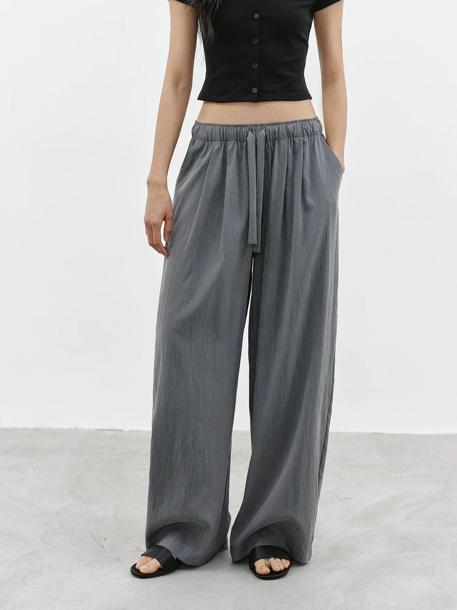Mist Grey Cotton Blend Wide-Leg Pants