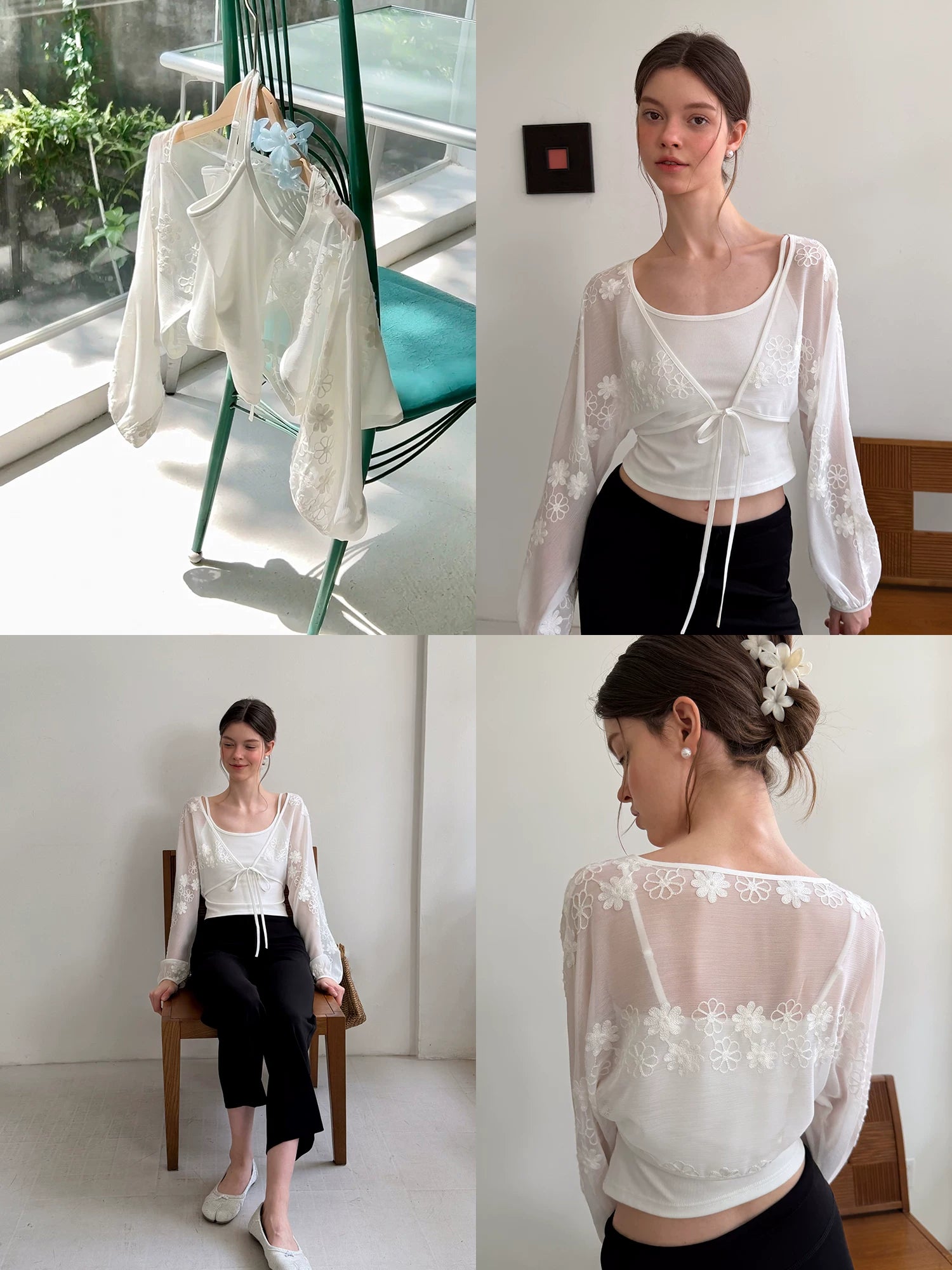 EGGKA floral embroidered chiffon cardigan cami set white medium