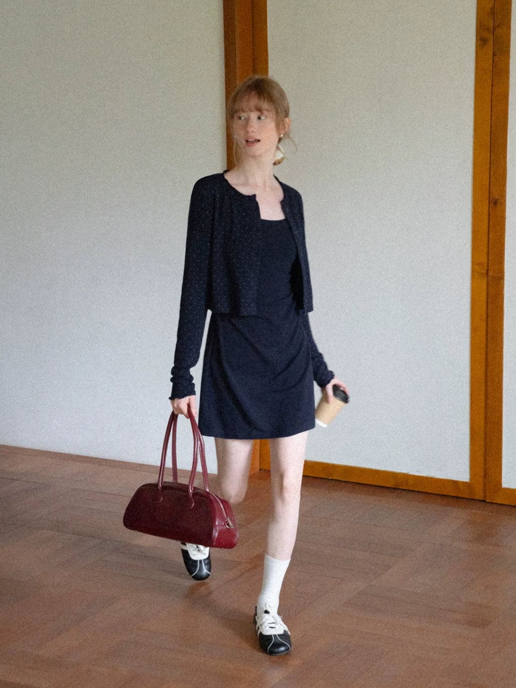 EGGKA polka dot cardigan halter dress set navy medium