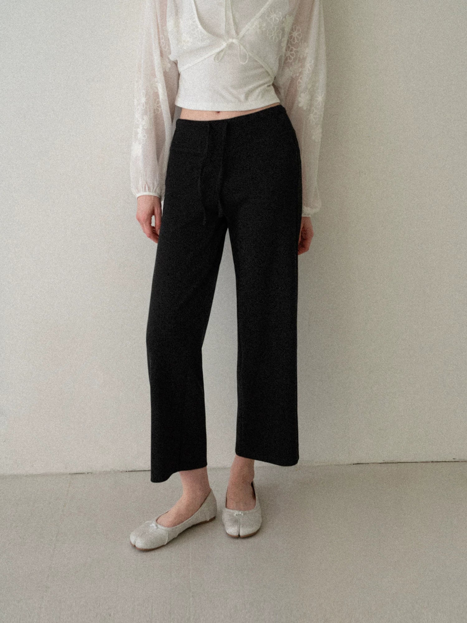 EGGKA elastic high-waist wide-leg cropped pants black small