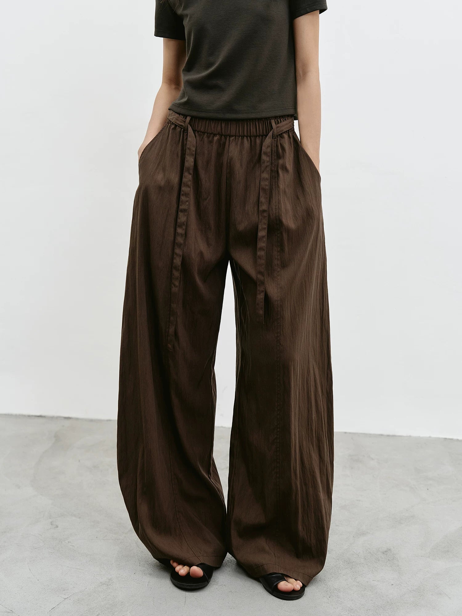 Mocha Brown Drapey Elastic Waist Wide-Leg Pants