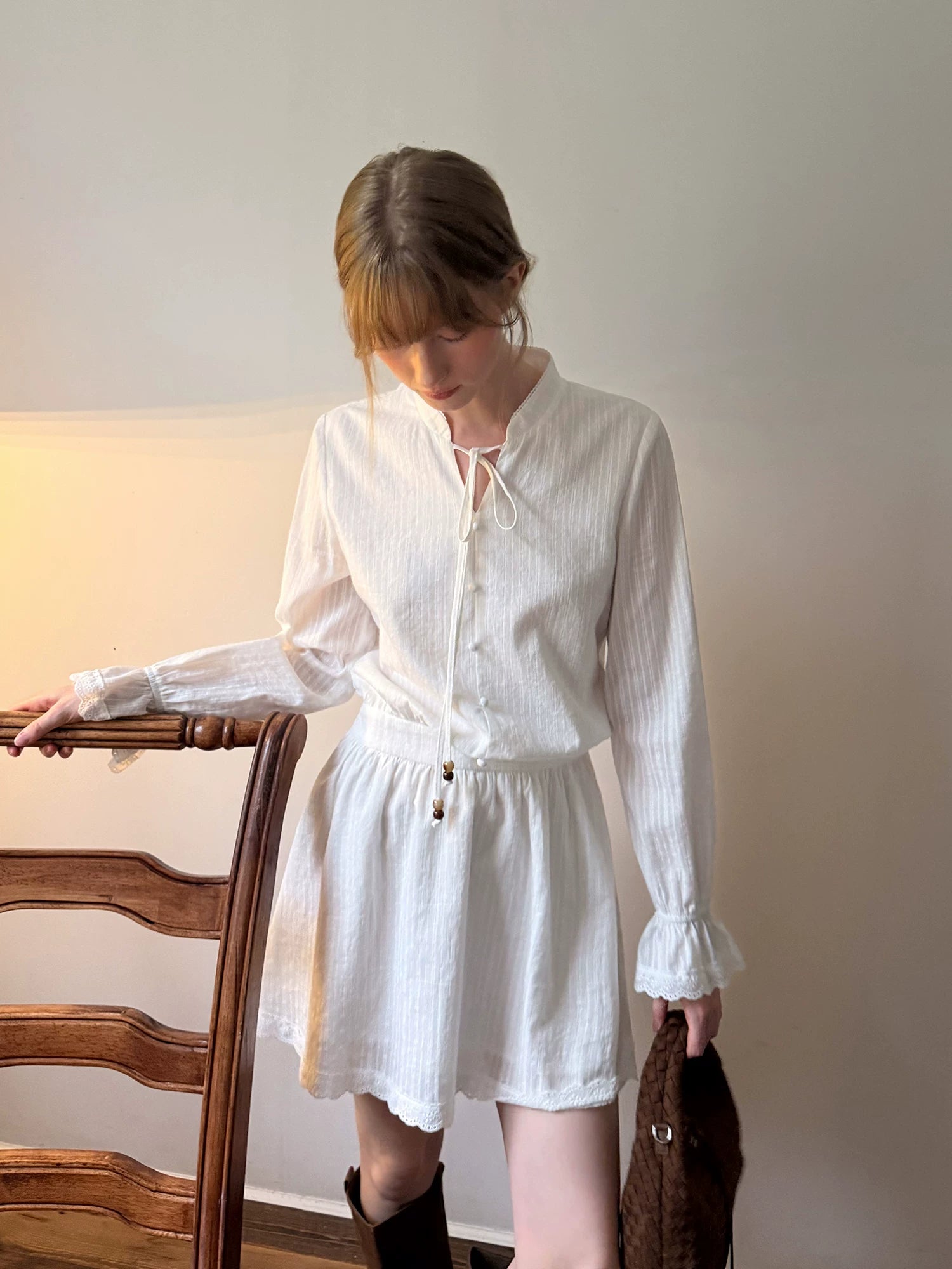 EGGKA stand collar tie-neck shirt dress white small