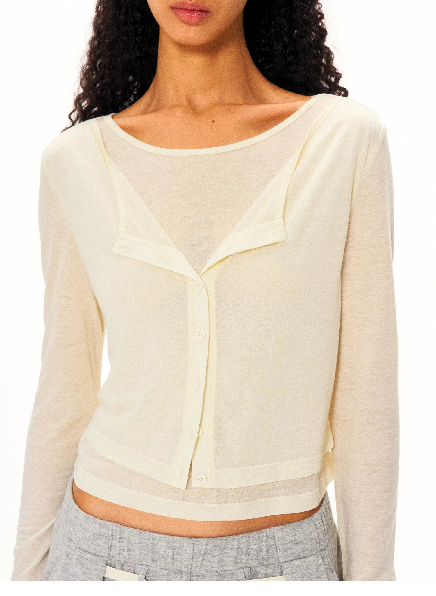 Linen-Blend Faux Two-Piece Long-Sleeve Cardigan Top