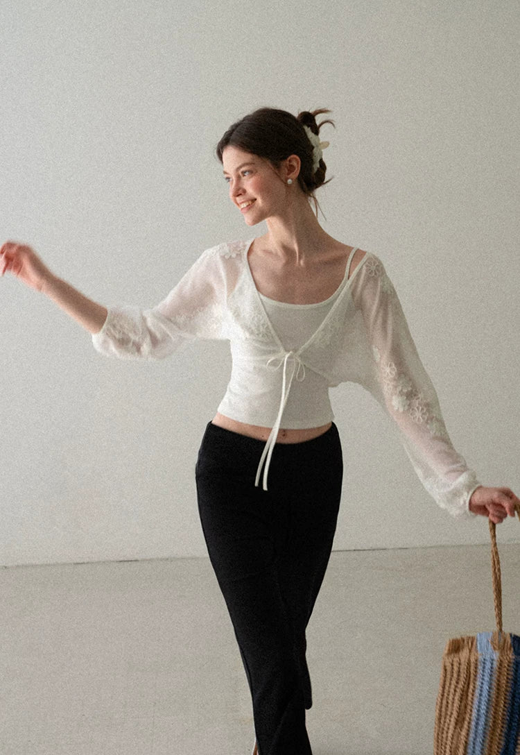Floral Embroidered Chiffon Cardigan Cami Two-Piece Set