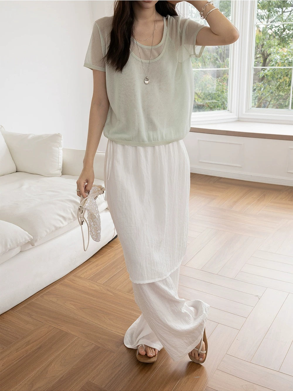 Faux Two-Piece U-Neck Short-Sleeve Knit Top