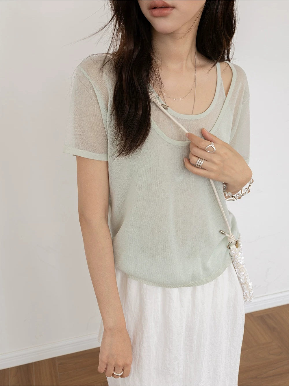 Faux Two-Piece U-Neck Short-Sleeve Knit Top