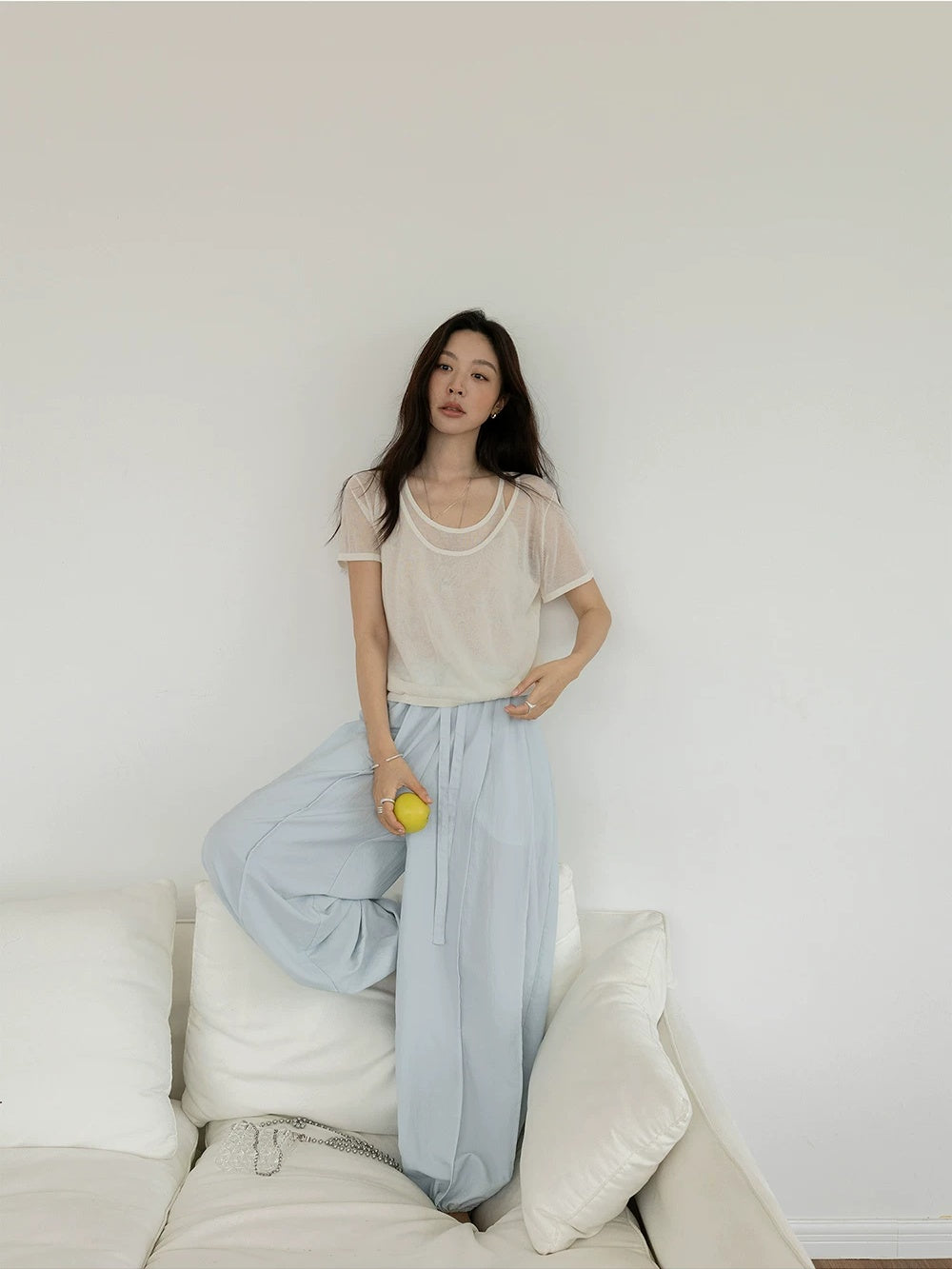 Faux Two-Piece U-Neck Short-Sleeve Knit Top