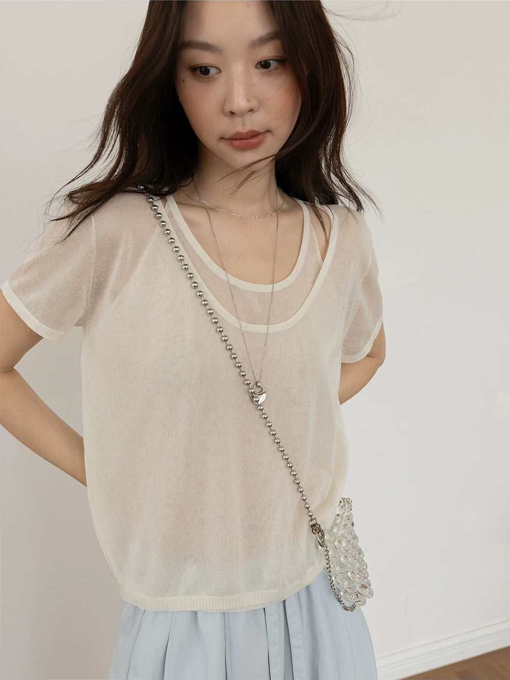 Faux Two-Piece U-Neck Short-Sleeve Knit Top