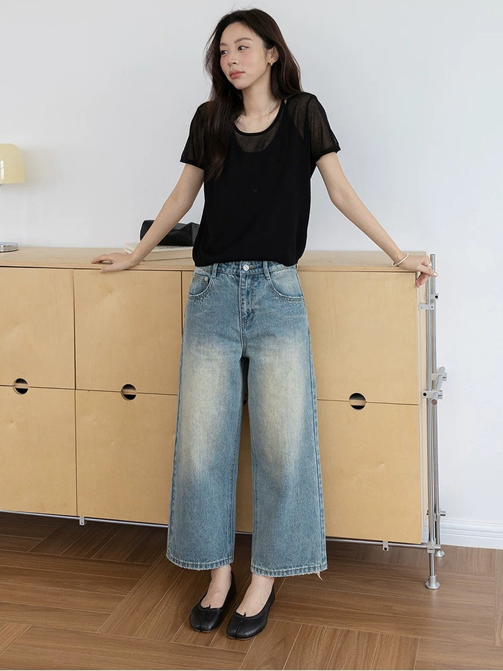Faux Two-Piece U-Neck Short-Sleeve Knit Top