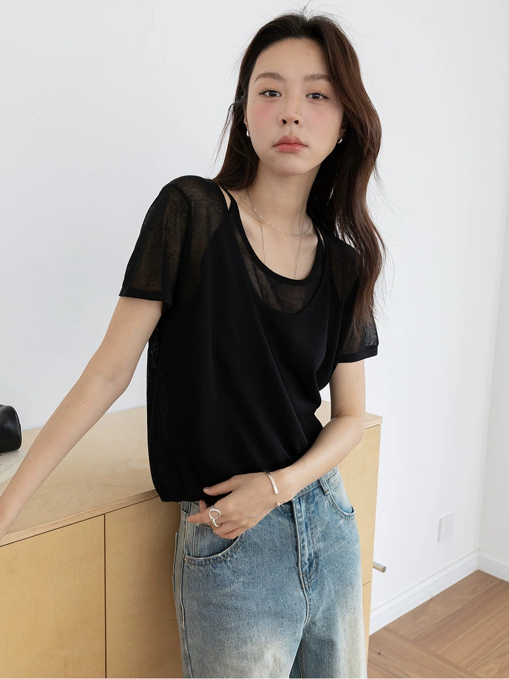 Faux Two-Piece U-Neck Short-Sleeve Knit Top